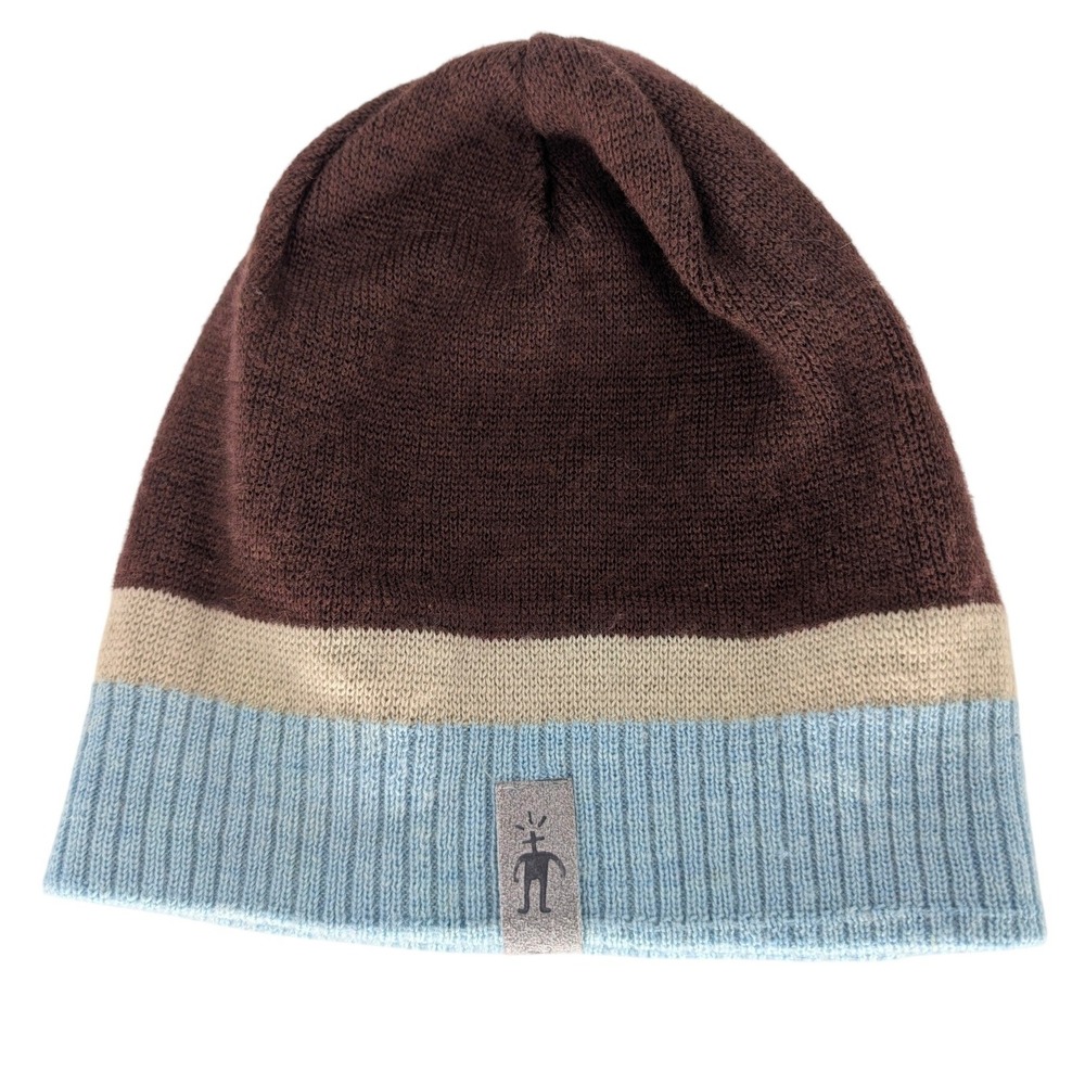 Smartwool Beanie Hat Unisex Kids One Size Brown Blue Merino Wool Colorblock Knit